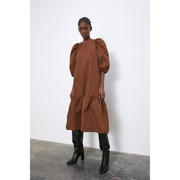Brown Zara Voluminous Puff Sleeve Tiered Taffeta Midi Dress (NWT) - Picture 1 of 8